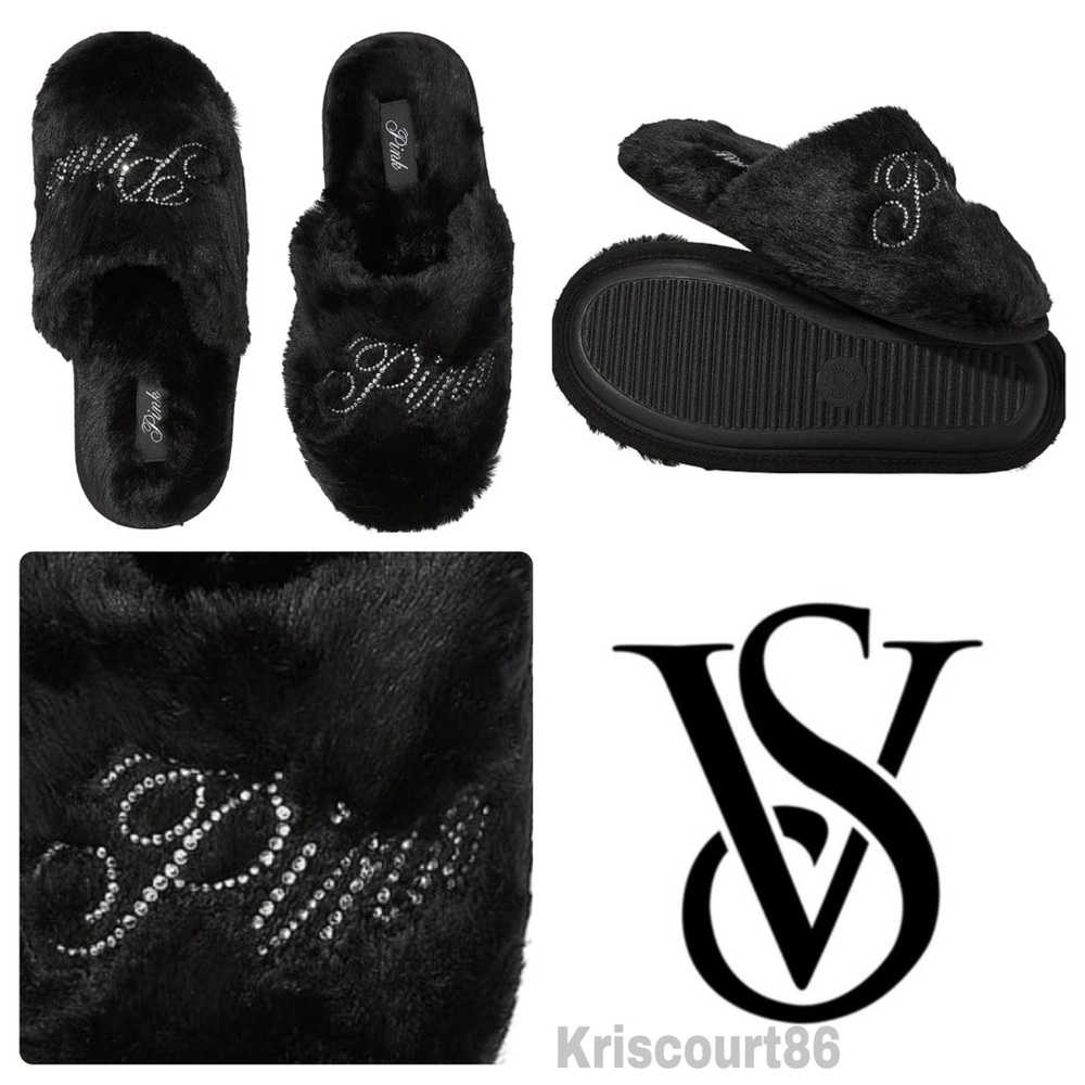 VS PINK Black & Silver Bling Slippers NEW WITH TAGS